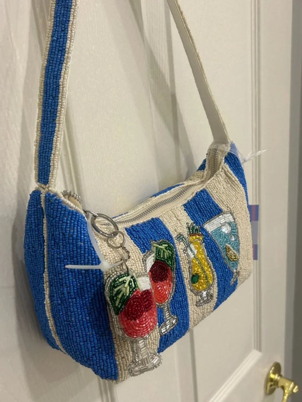 Beaded Bag Cocktails Drinks Blue White Striped Handcrafted in India w Charm